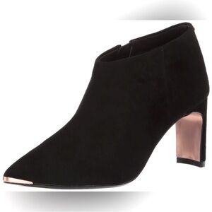 Ted Baker Leiyla Black Suede Heeled Ankle Boots with Rose Gold Accents-size 39.5